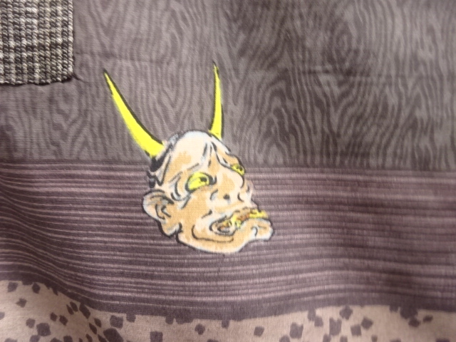 JAPANESE KIMONO / ANTIQUE MENS HAORI / HAND WOVEN TSUMUGI / MUD DYEING / NOH MASK(lining)